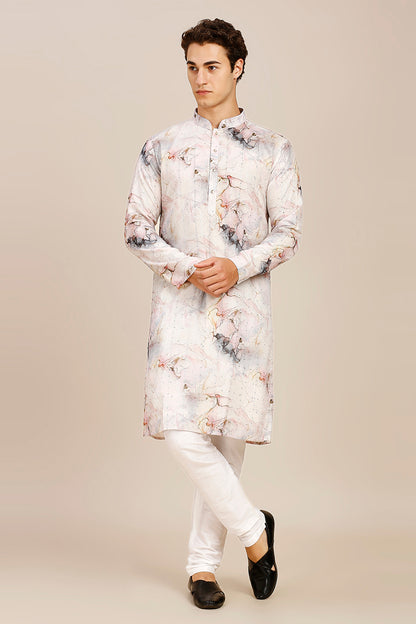 Abstract Print  Regular fit Chinese collar Kurta with Full Lining for Men - Grey  & Pink