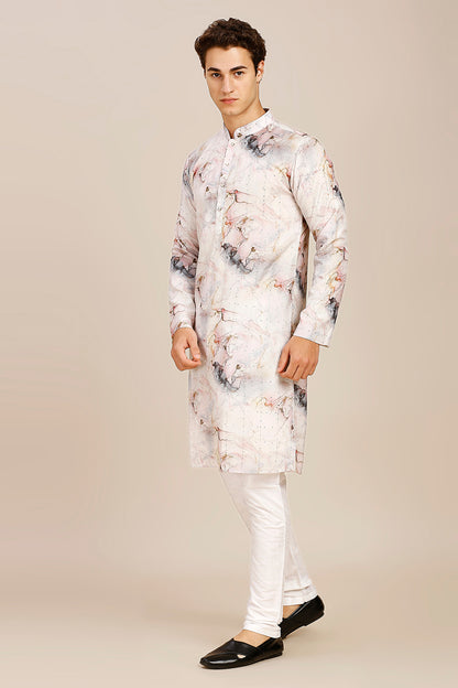 Abstract Print  Regular fit Chinese collar Kurta with Full Lining for Men - Grey  & Pink