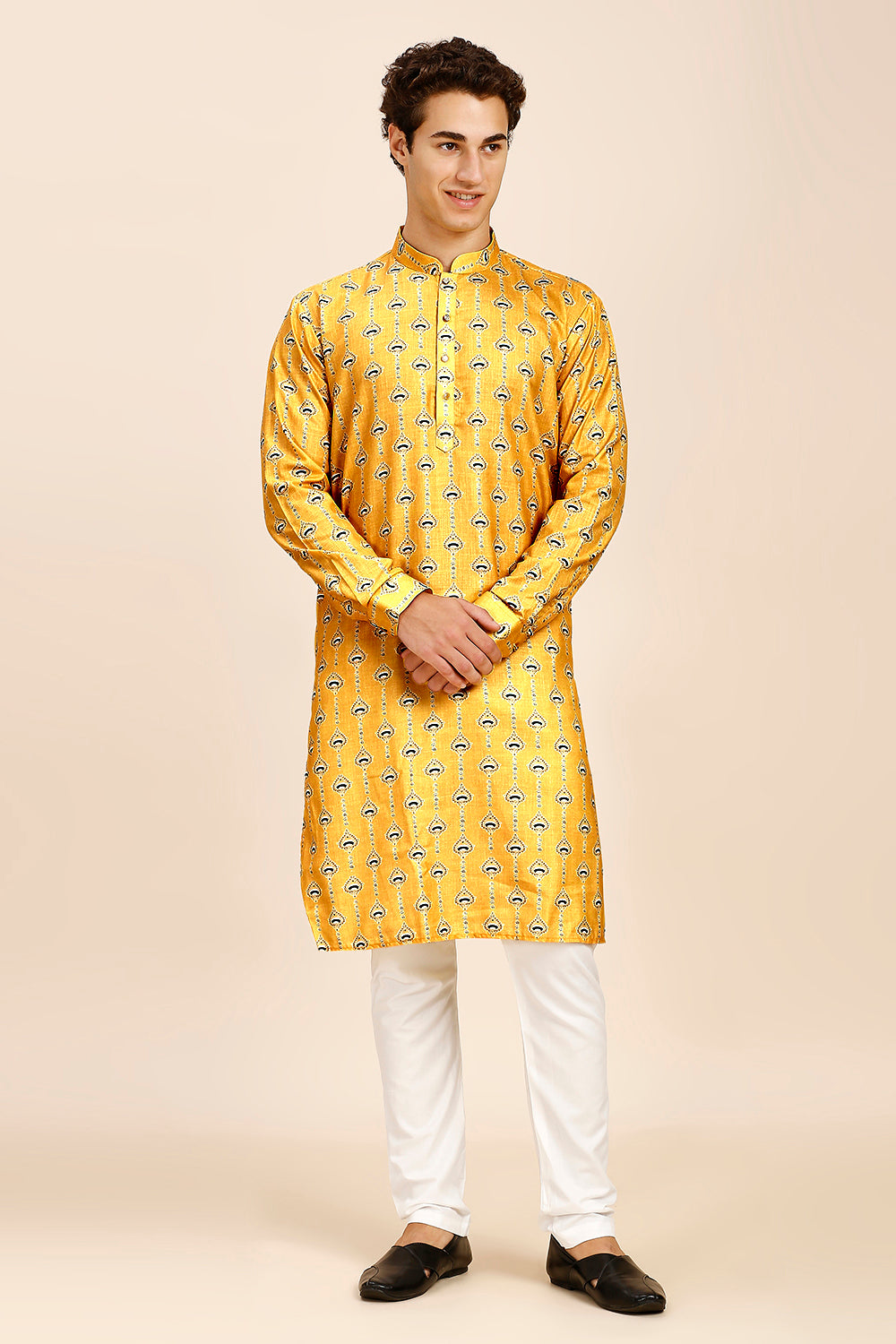 Printed Regular fit Chinese collar Kurta for Men - Yellow