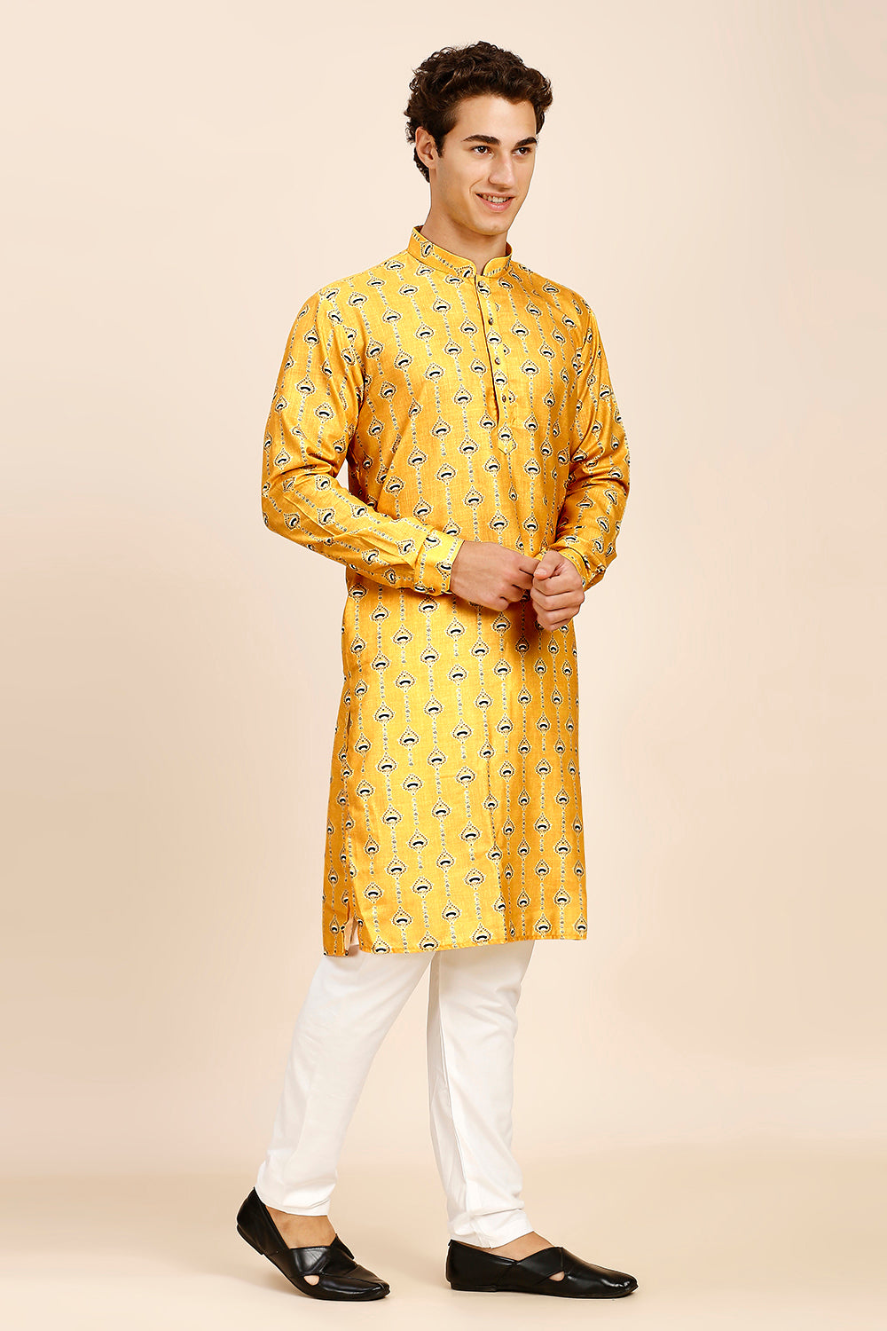 Printed Regular fit Chinese collar Kurta for Men - Yellow