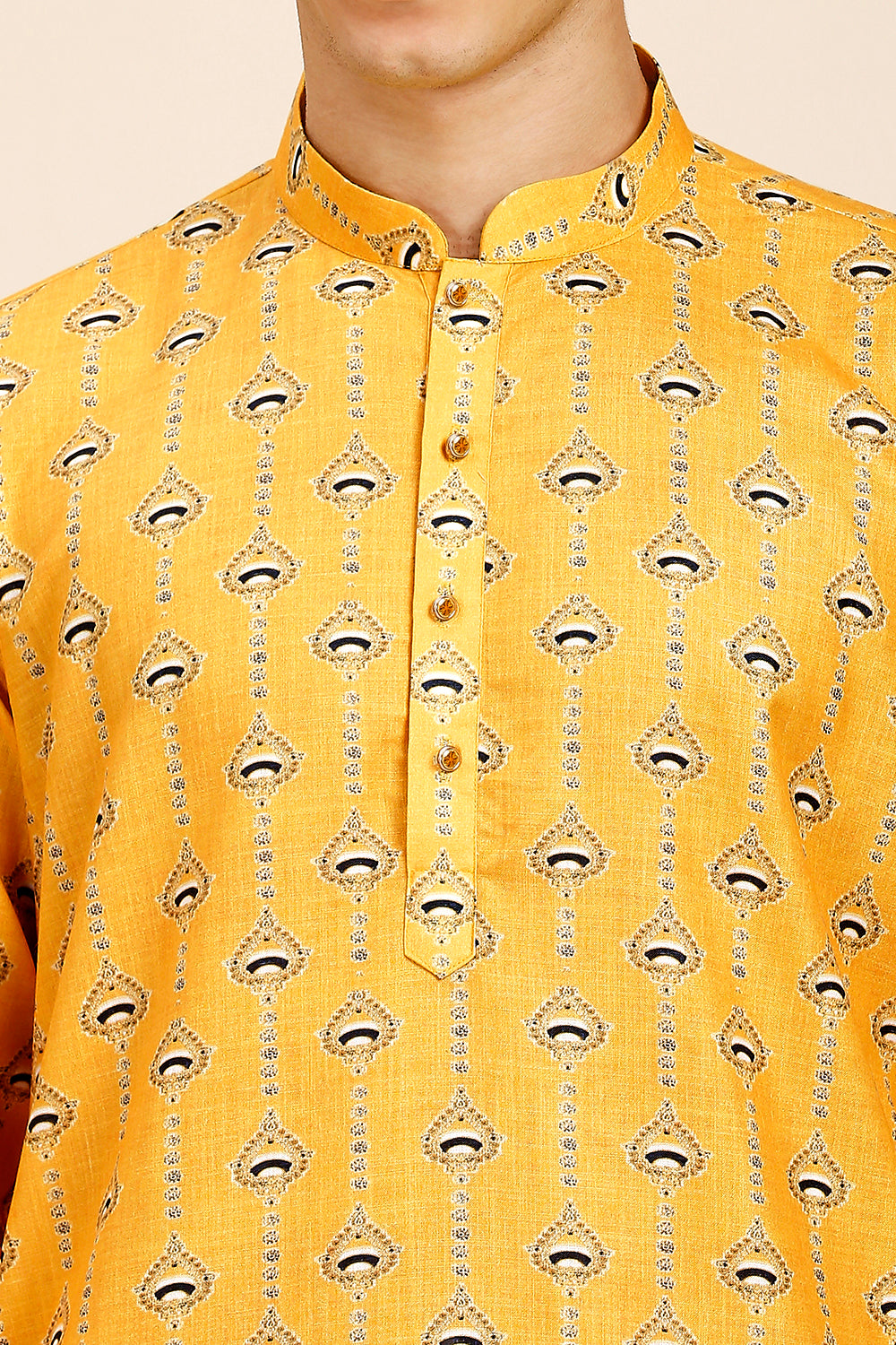 Printed Regular fit Chinese collar Kurta for Men - Yellow