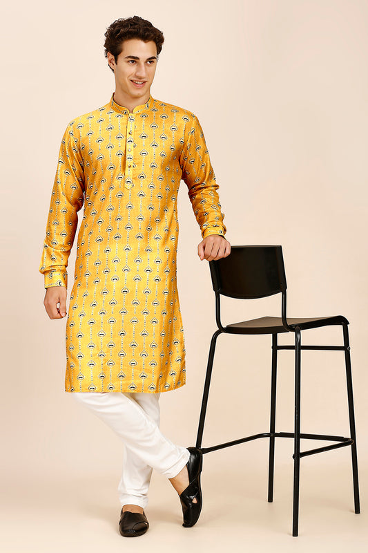 Printed Regular fit Chinese collar Kurta for Men - Yellow