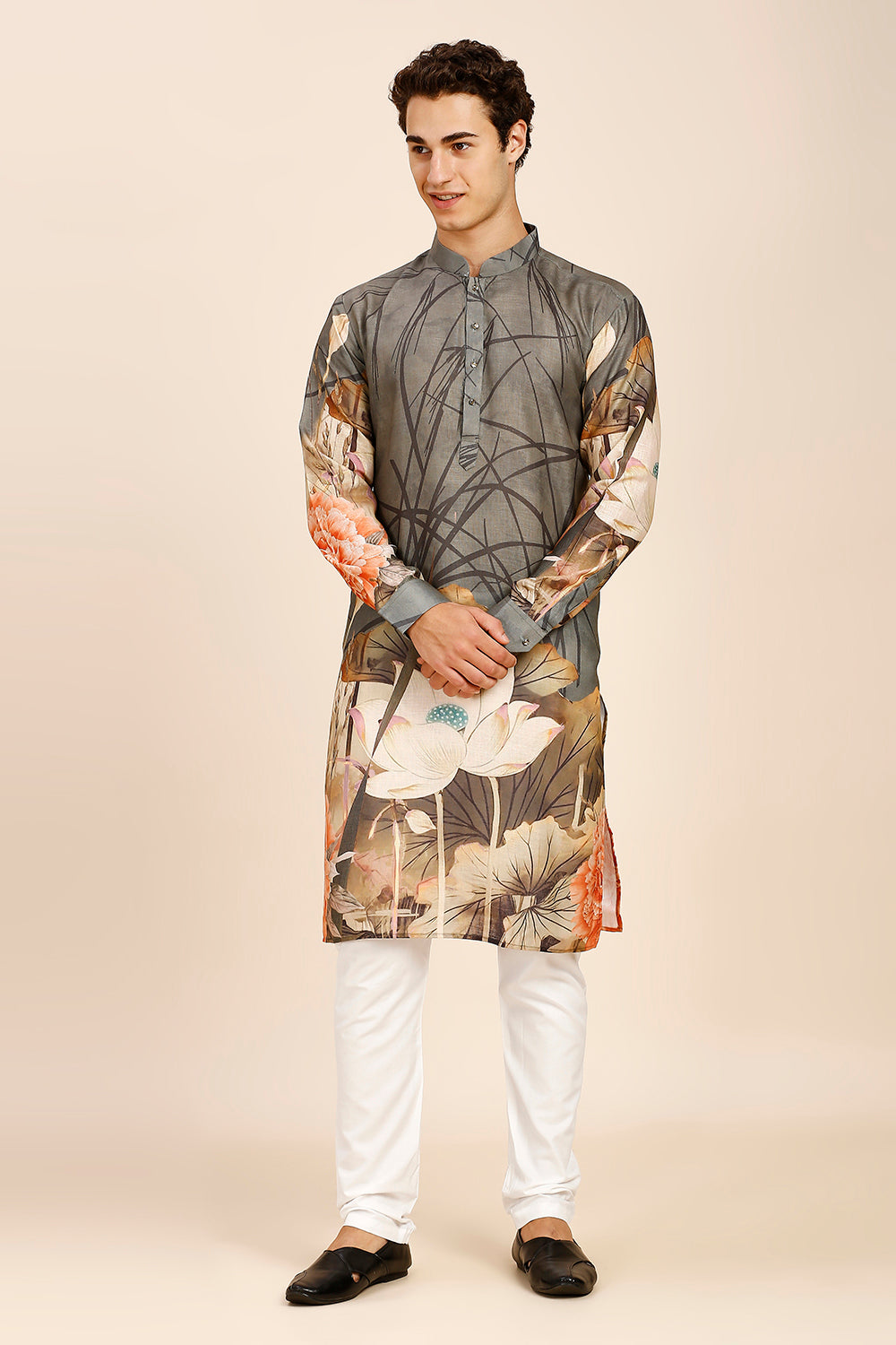 Floral Print Regular fit Chinese collar Kurta for Men - Grey