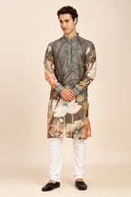Floral Print Regular fit Chinese collar Kurta for Men - Grey