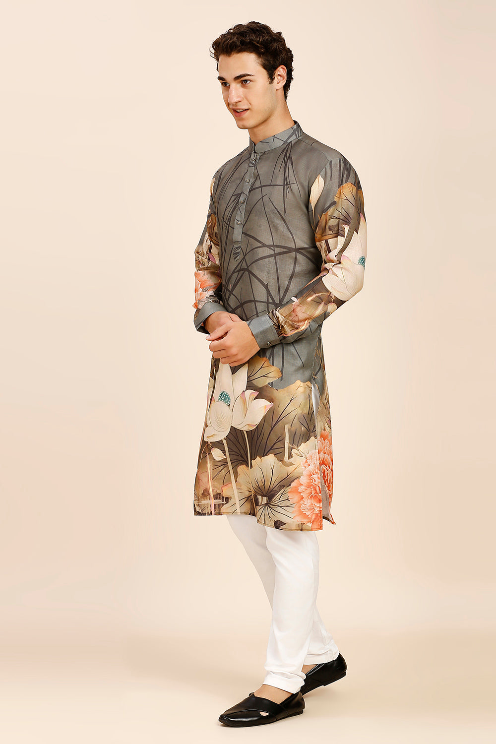 Floral Print Regular fit Chinese collar Kurta for Men - Grey