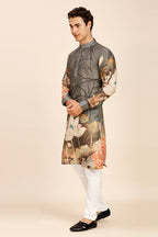 Floral Print Regular fit Chinese collar Kurta for Men - Grey