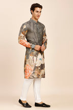 Floral Print Regular fit Chinese collar Kurta for Men - Grey