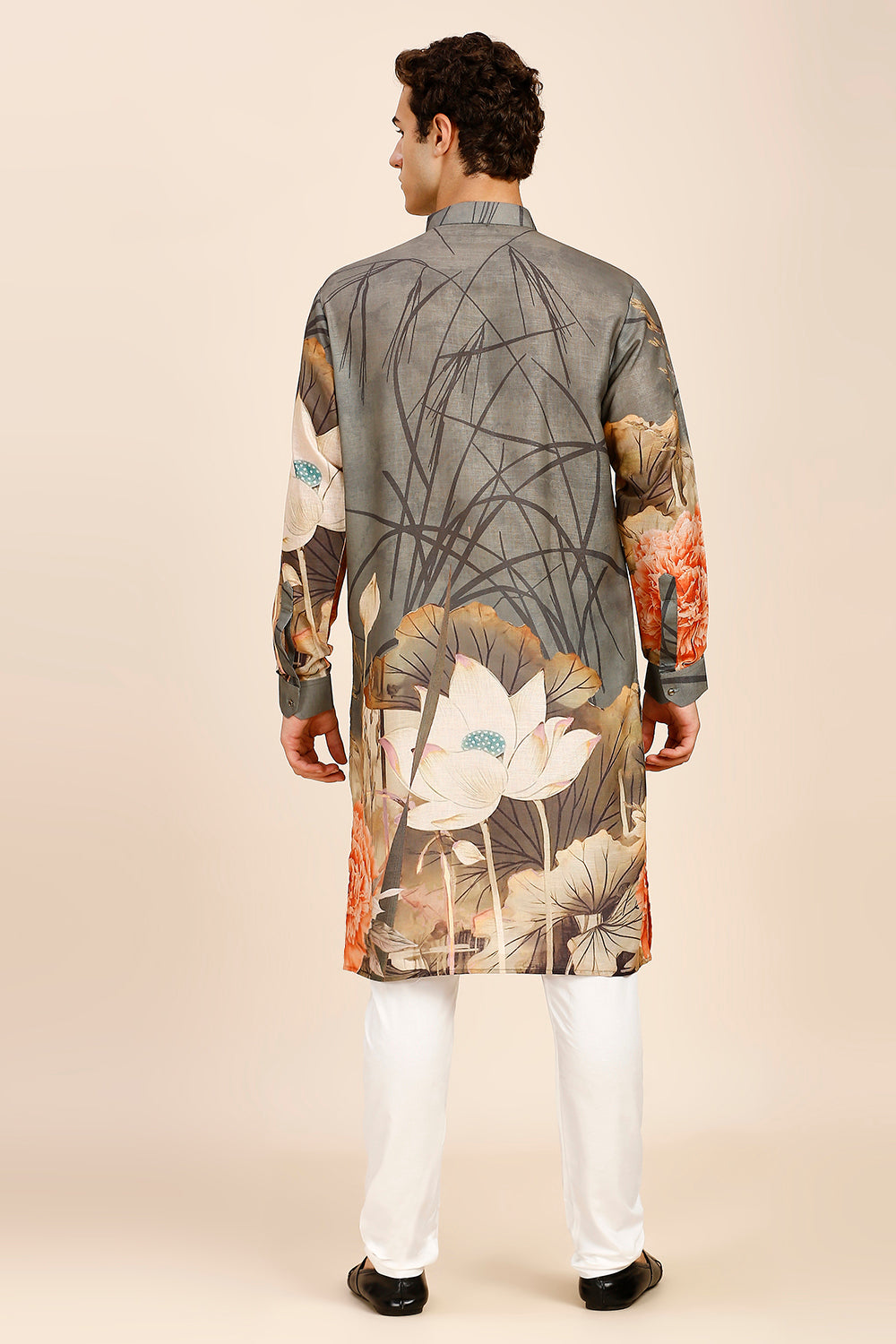 Floral Print Regular fit Chinese collar Kurta for Men - Grey