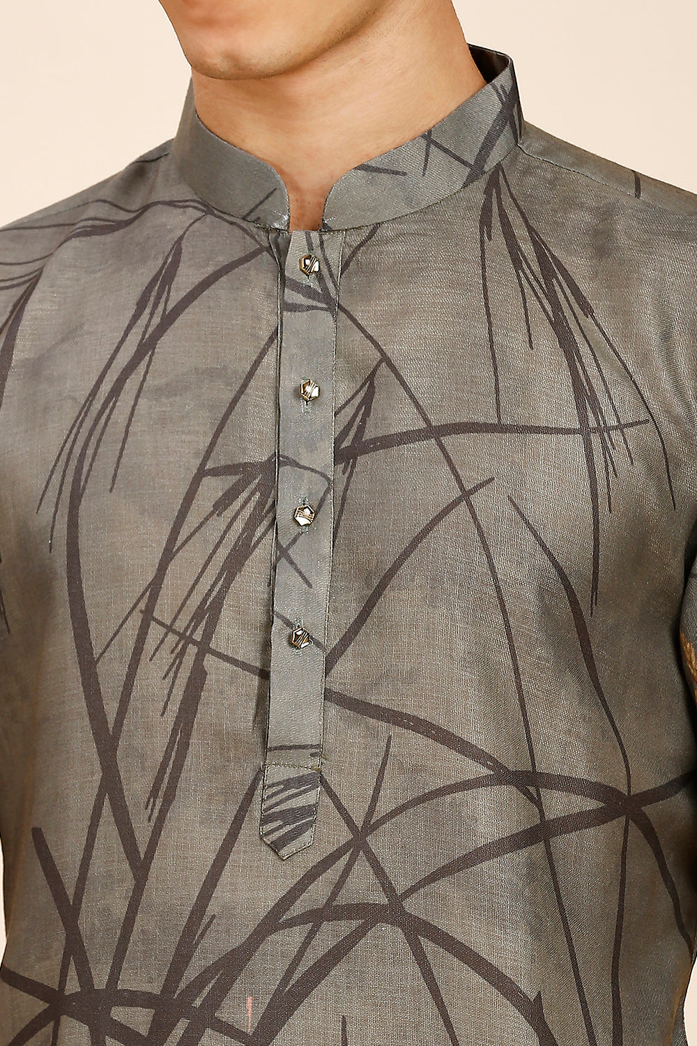 Floral Print Regular fit Chinese collar Kurta for Men - Grey