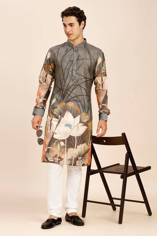 Floral Print Regular fit Chinese collar Kurta for Men - Grey