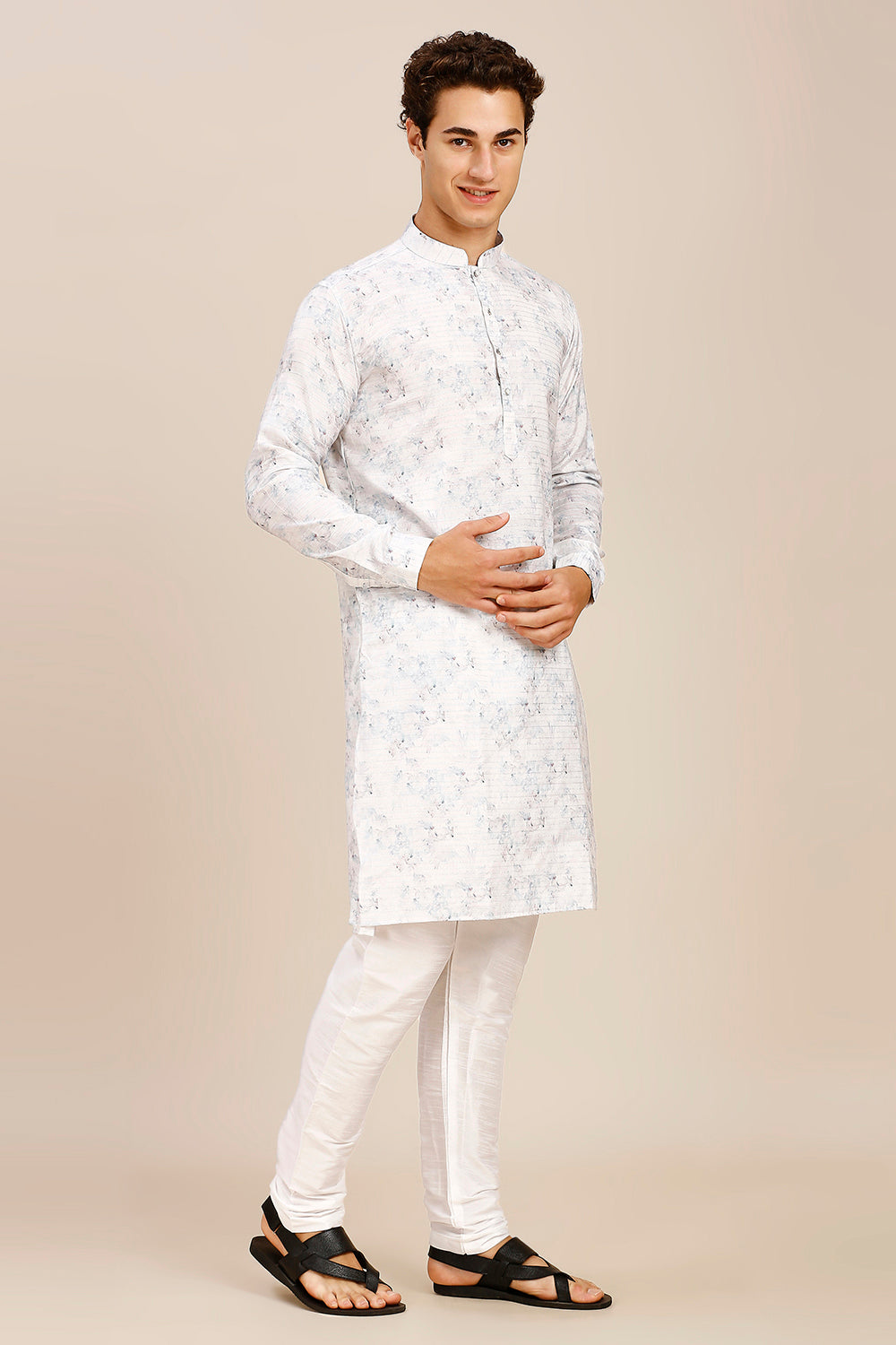 Printed Regular fit Chinese collar Kurta for Men - Light Blue