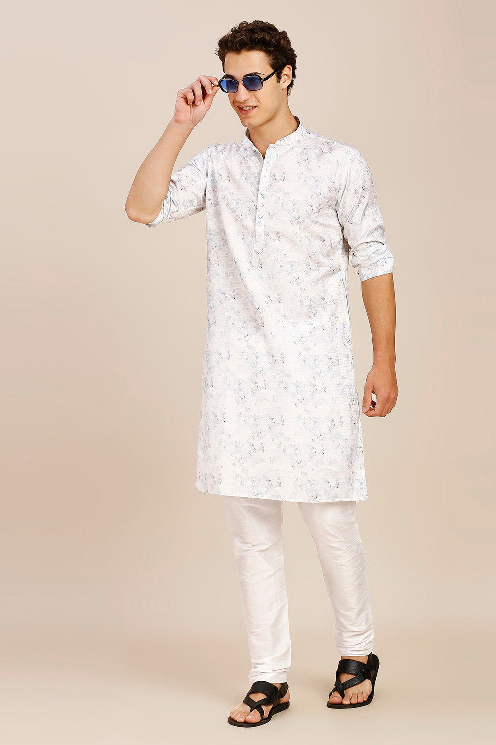 Printed Regular fit Chinese collar Kurta for Men - Light Blue