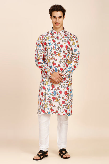 Floral Print Regular fit Chinese collar Kurta for Men - Blue