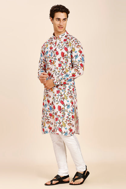 Floral Print Regular fit Chinese collar Kurta for Men - Blue