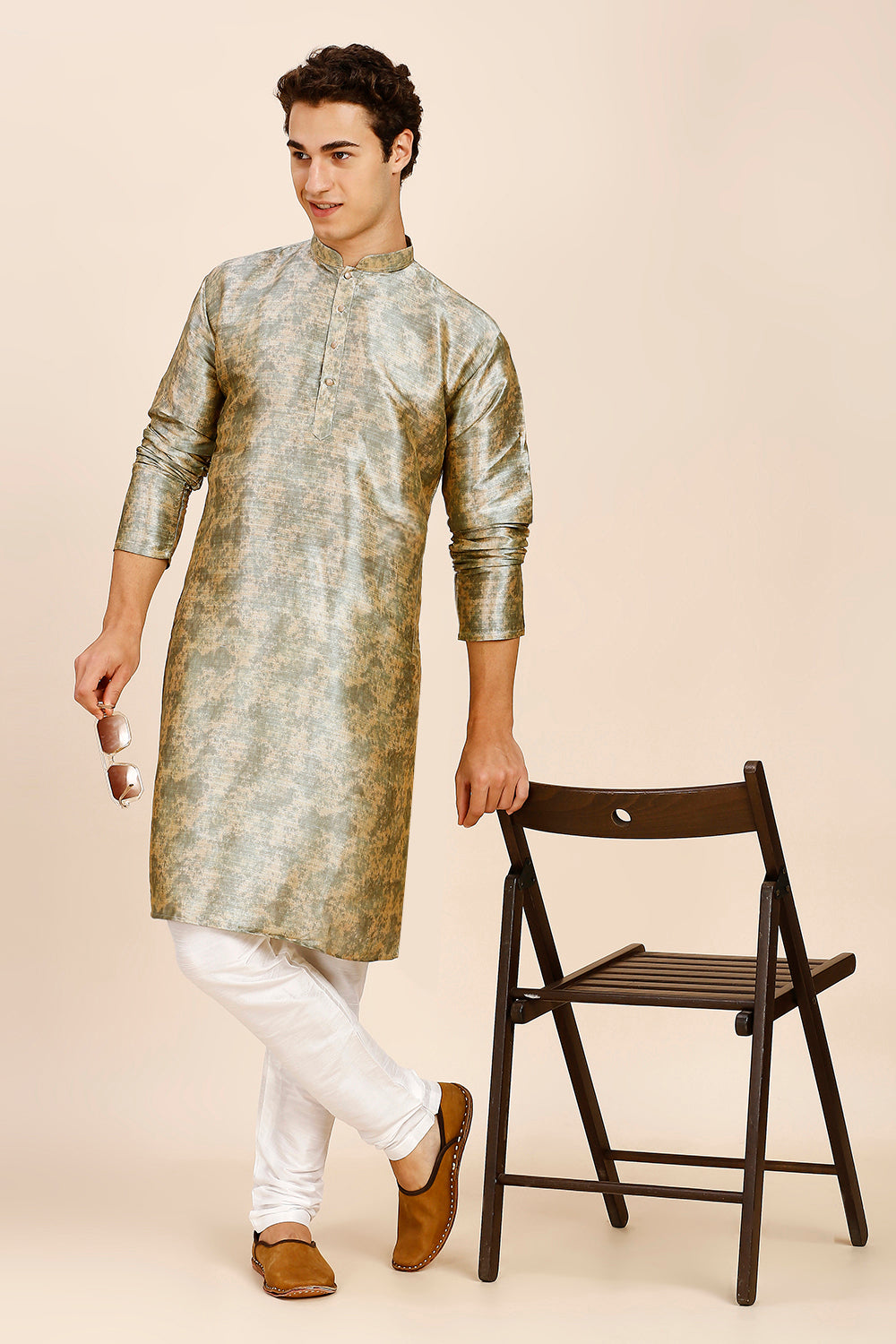 Plain Regular fit Chinese collar Kurta for Men - Sea Green