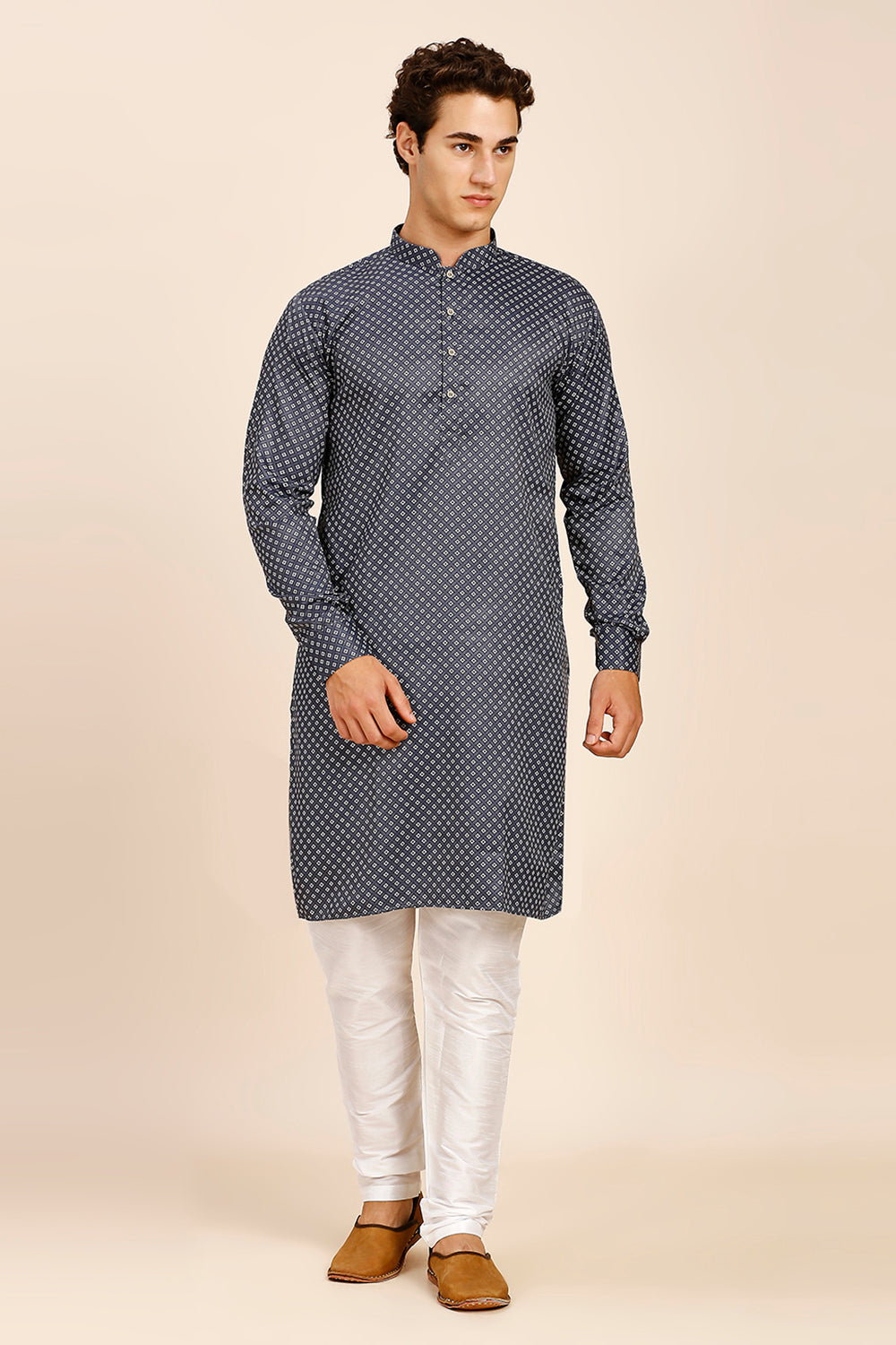 Printed Regular fit Chinese collar Kurta for Men - Dark Grey