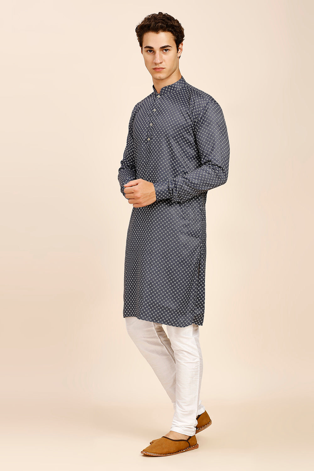 Printed Regular fit Chinese collar Kurta for Men - Dark Grey