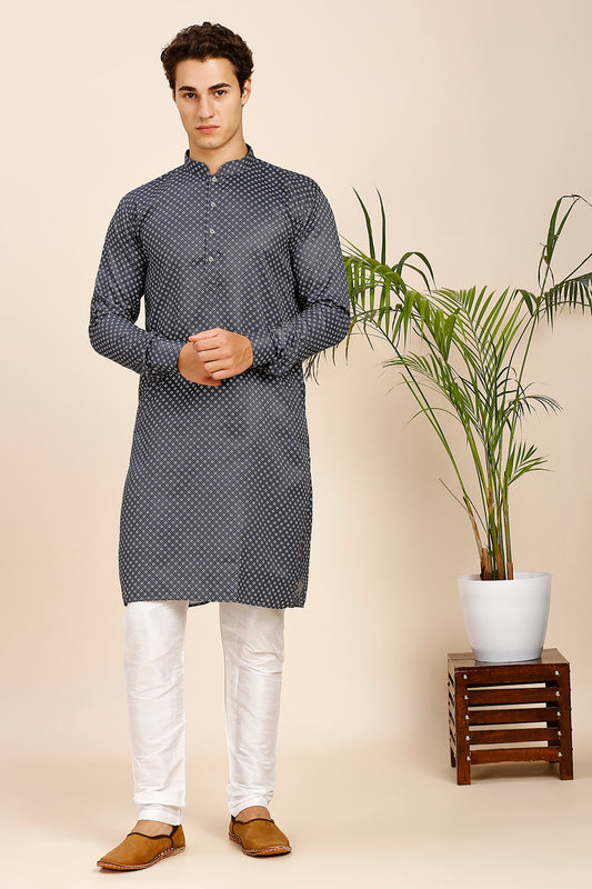 Printed Regular fit Chinese collar Kurta for Men - Dark Grey