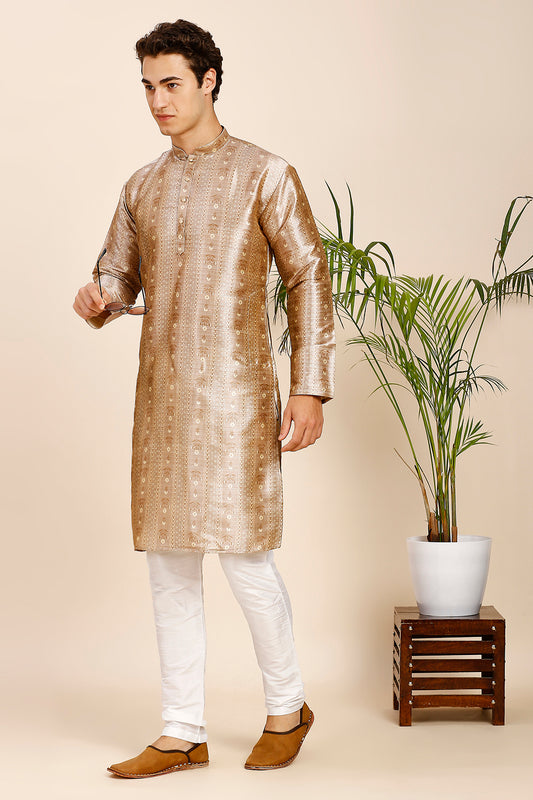 Plain Regular fit Chinese collar Kurta for Men - Copper