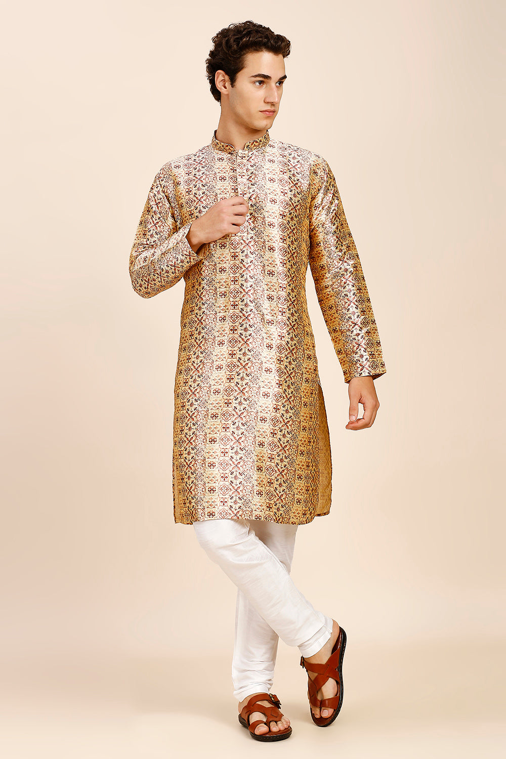 Printed Regular fit Chinese collar Kurta for Men - Brown