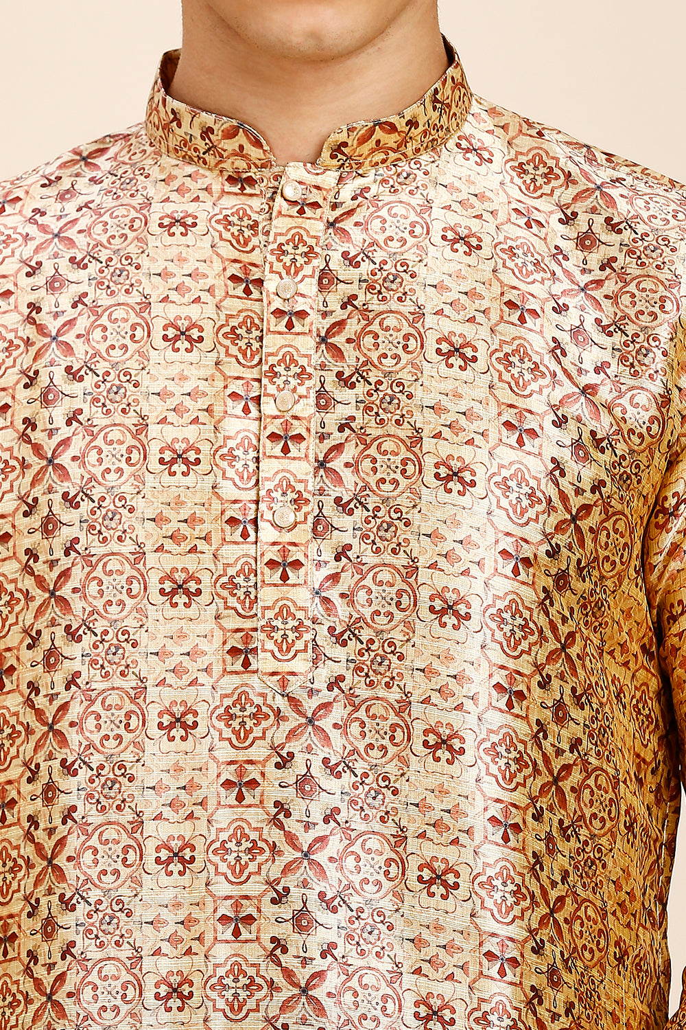 Printed Regular fit Chinese collar Kurta for Men - Brown