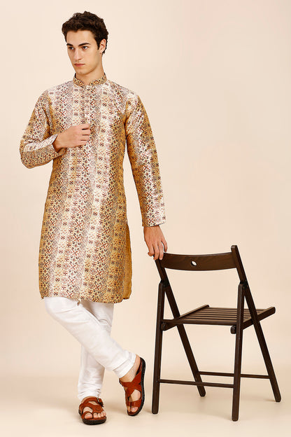 Printed Regular fit Chinese collar Kurta for Men - Brown