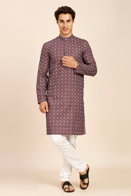 Art Deco Print Regular fit Chinese Collar Kurta for Men  - Wine