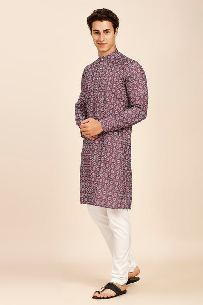 Art Deco Print Regular fit Chinese Collar Kurta for Men  - Wine