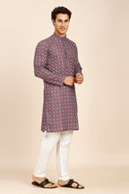 Art Deco Print Regular fit Chinese Collar Kurta for Men  - Wine
