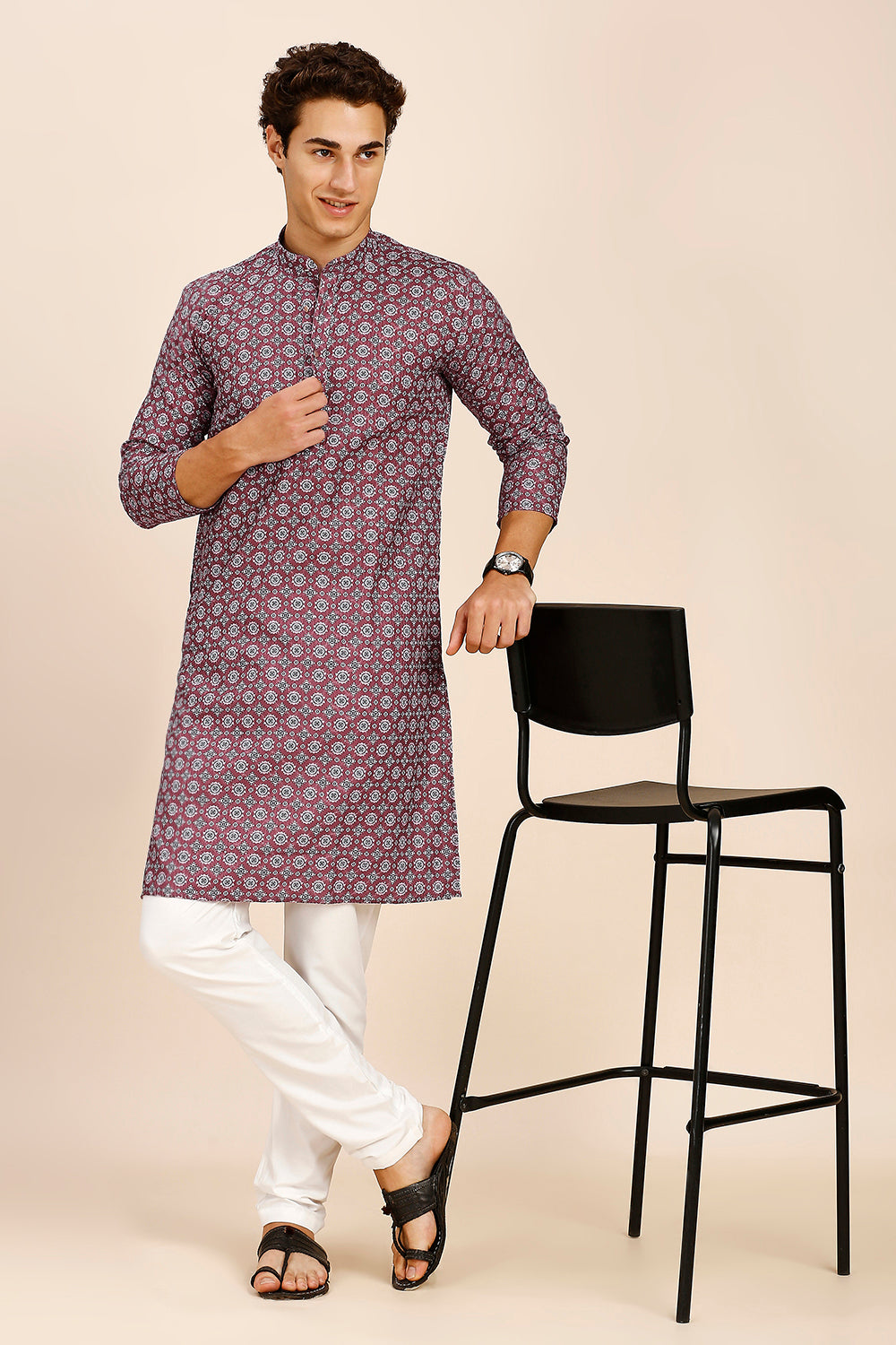 Art Deco Print Regular fit Chinese Collar Kurta for Men  - Wine