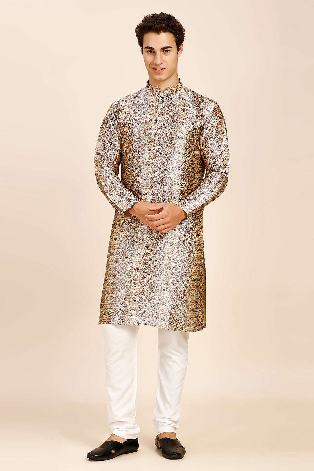 Printed Regular fit Chinese collar Kurta for Men - Wine