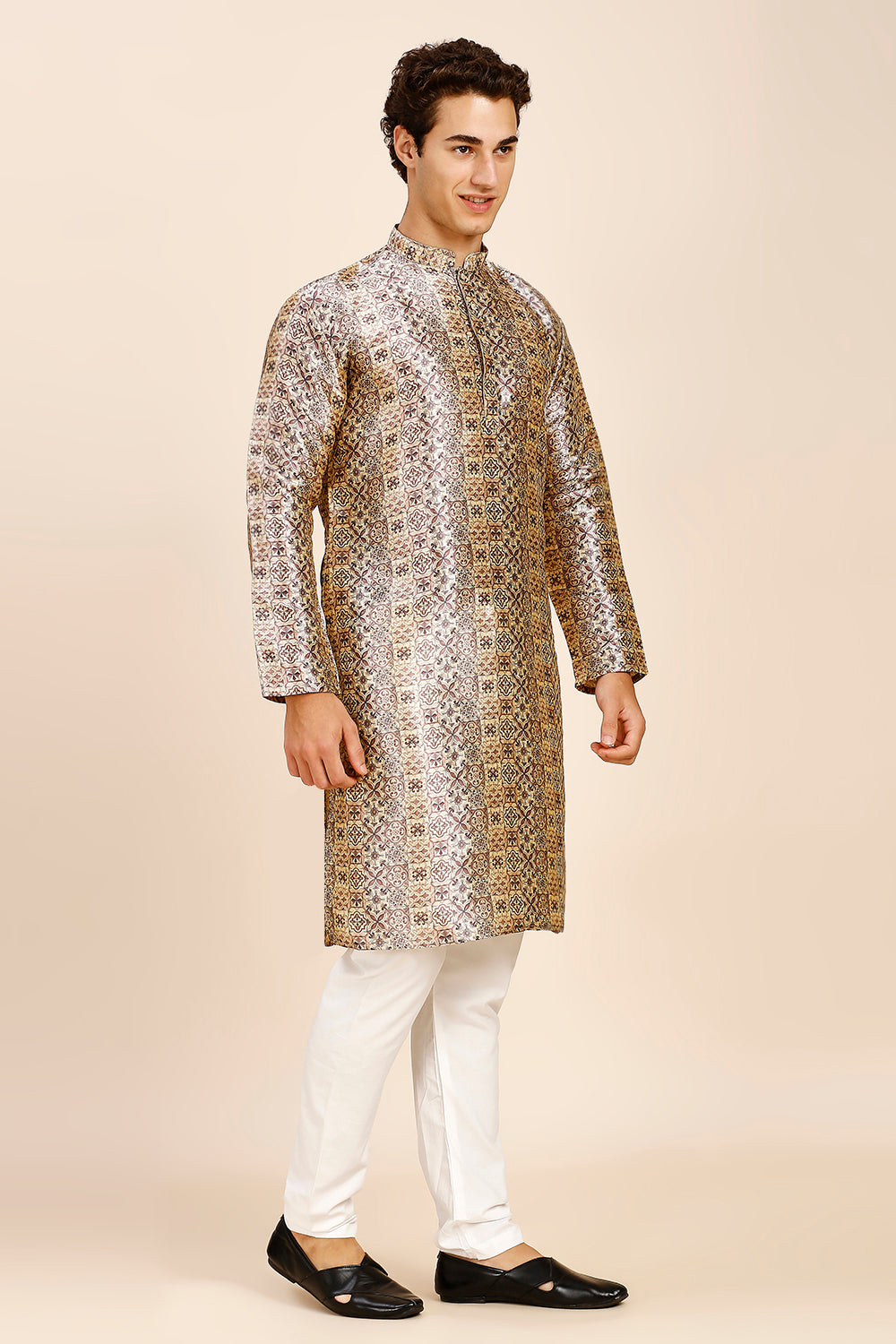 Printed Regular fit Chinese collar Kurta for Men - Wine