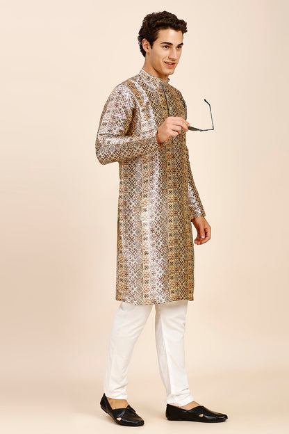 Printed Regular fit Chinese collar Kurta for Men - Wine