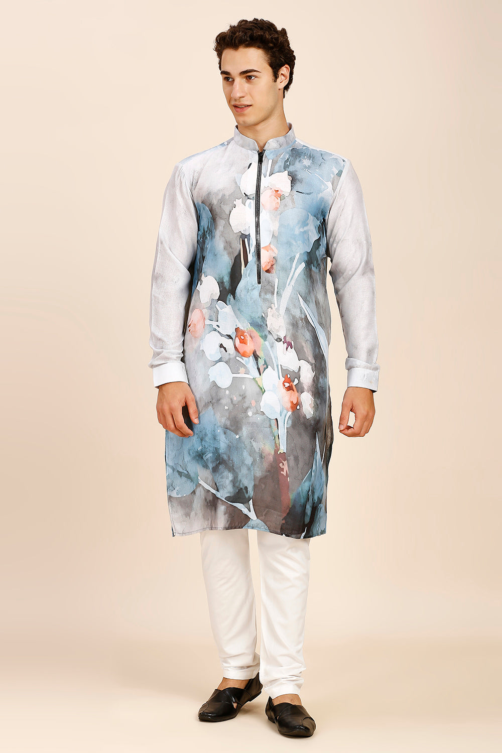 Abstract Floral Print Regular fit Chinese Collar Kurta for Men  - Dark Grey