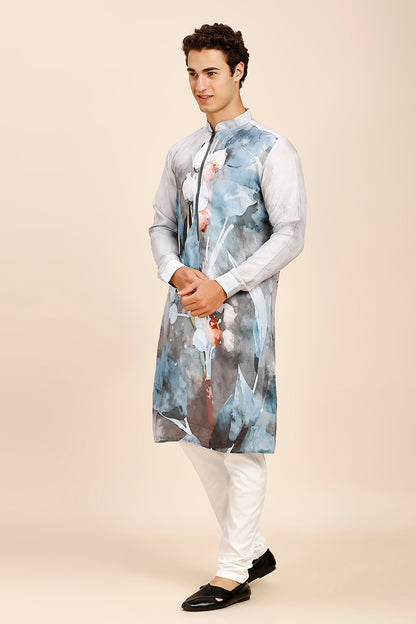 Abstract Floral Print Regular fit Chinese Collar Kurta for Men  - Dark Grey