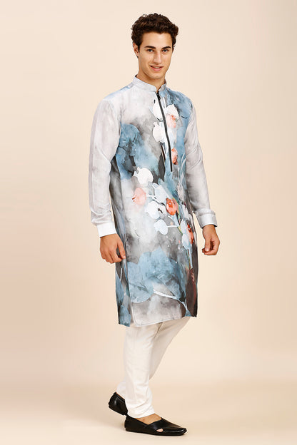 Abstract Floral Print Regular fit Chinese Collar Kurta for Men  - Dark Grey