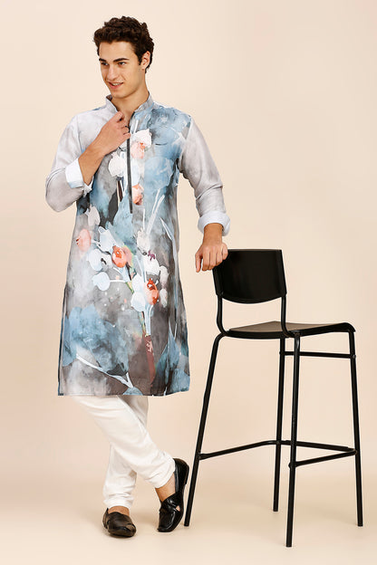 Abstract Floral Print Regular fit Chinese Collar Kurta for Men  - Dark Grey