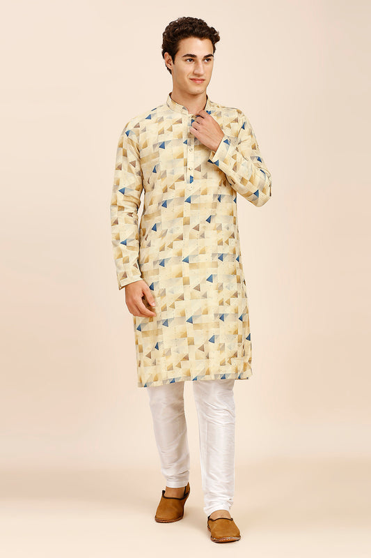 Geometric Print Regular fit Chinese collar Kurta with Full Lining for Men - Beige