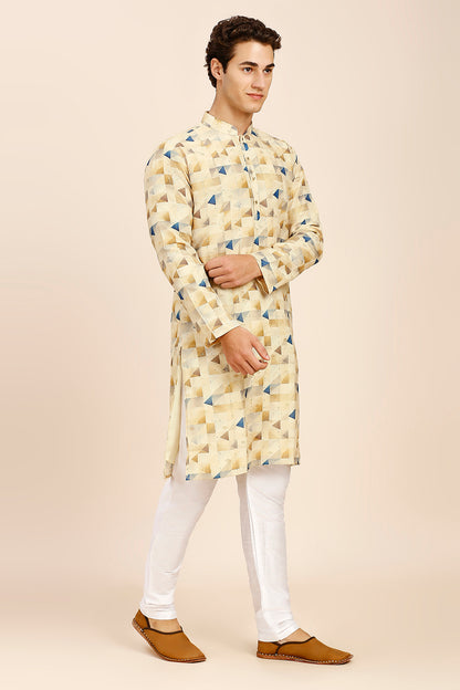 Geometric Print Regular fit Chinese collar Kurta with Full Lining for Men - Beige