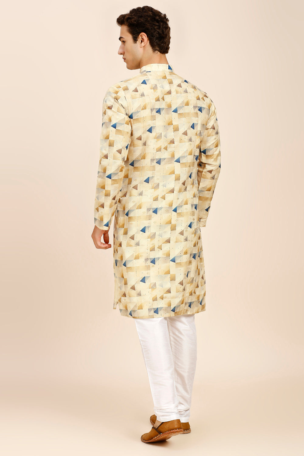 Geometric Print Regular fit Chinese collar Kurta with Full Lining for Men - Beige