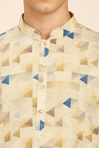 Geometric Print Regular fit Chinese collar Kurta with Full Lining for Men - Beige