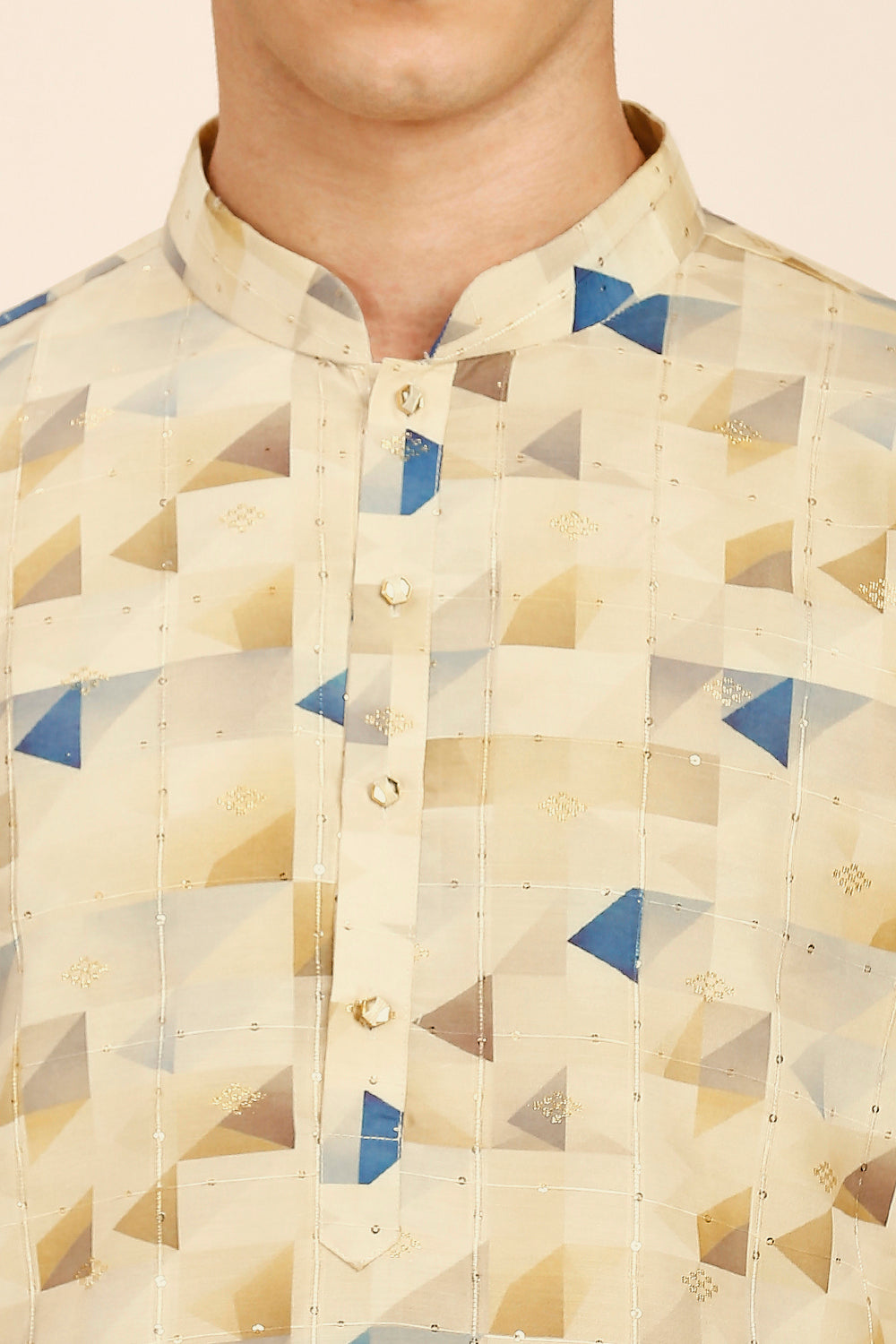 Geometric Print Regular fit Chinese collar Kurta with Full Lining for Men - Beige