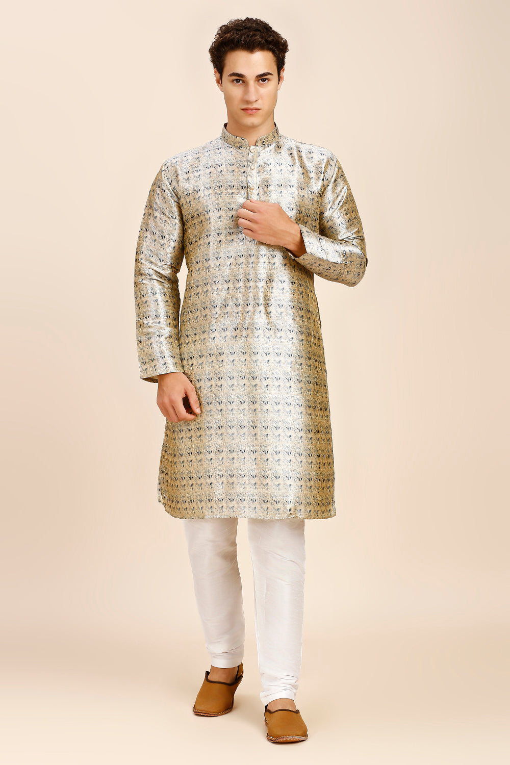 Printed Regular fit Chinese collar Kurta for Men - Teal Blue