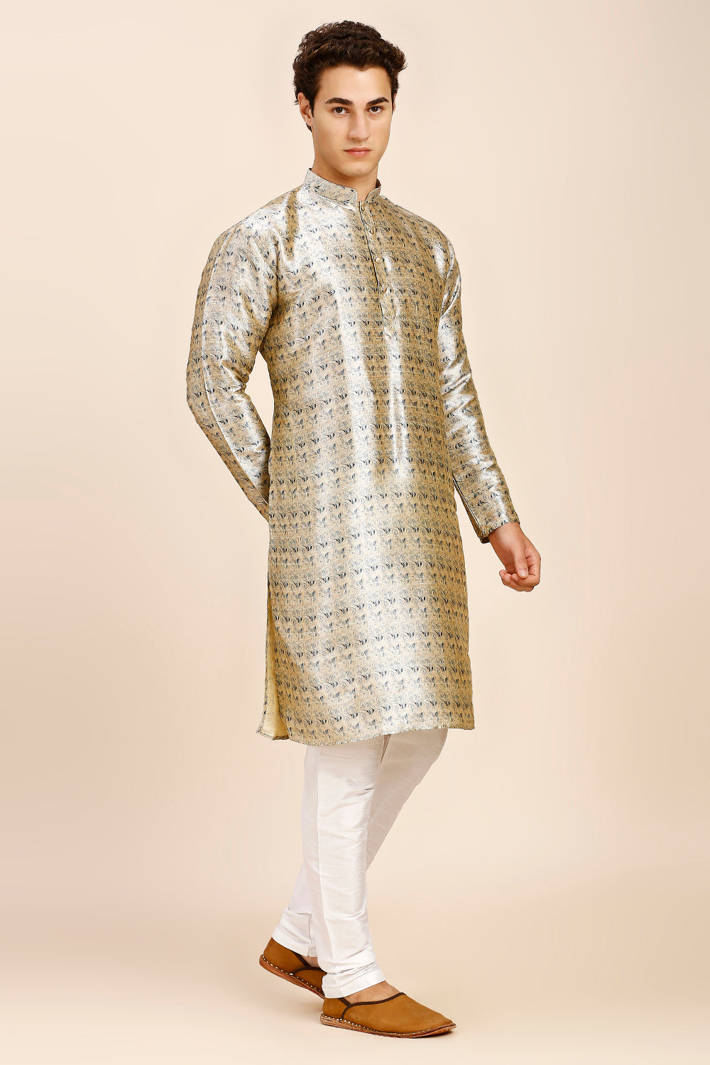 Printed Regular fit Chinese collar Kurta for Men - Teal Blue