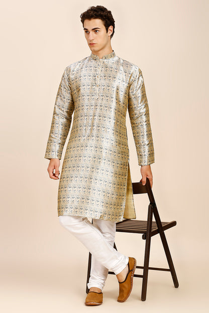 Printed Regular fit Chinese collar Kurta for Men - Teal Blue