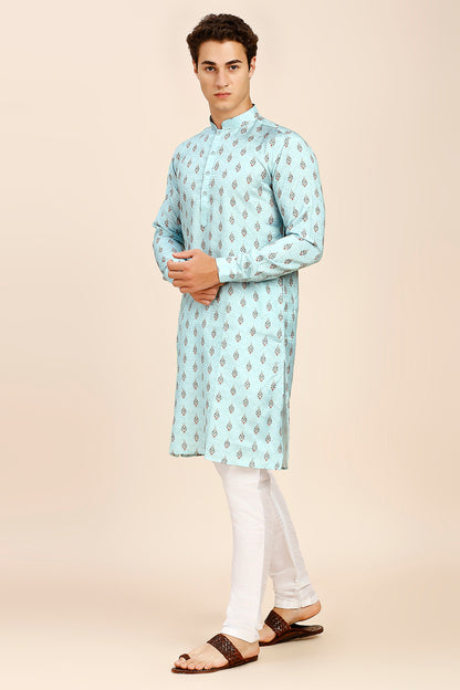 Printed Regular fit Chinese collar Kurta for Men - SKY Blue