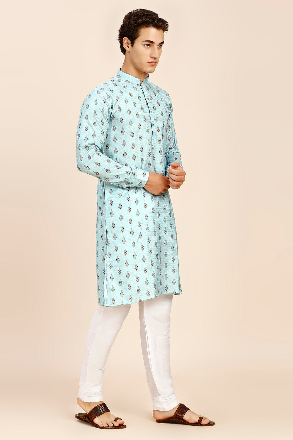 Printed Regular fit Chinese collar Kurta for Men - SKY Blue