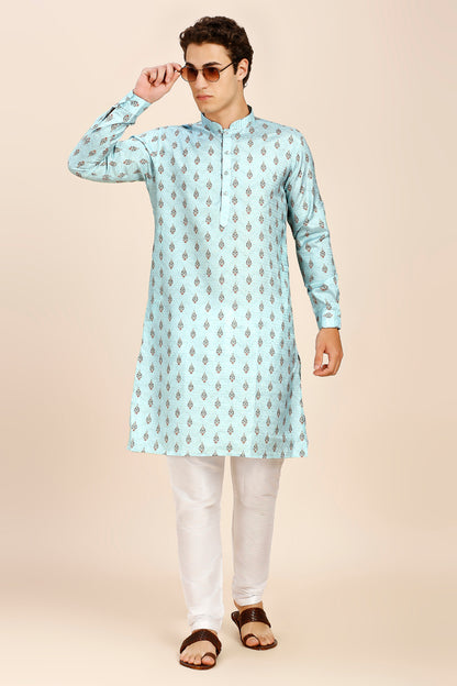 Printed Regular fit Chinese collar Kurta for Men - SKY Blue