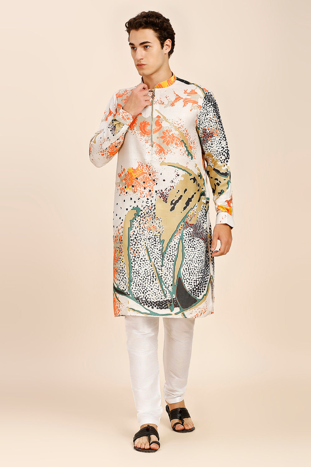 Floral Print Regular fit Chinese Collar Kurta for Men  - Cream