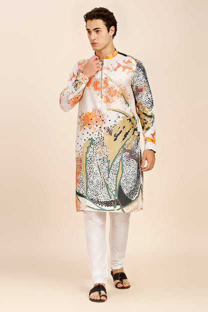 Floral Print Regular fit Chinese Collar Kurta for Men  - Cream